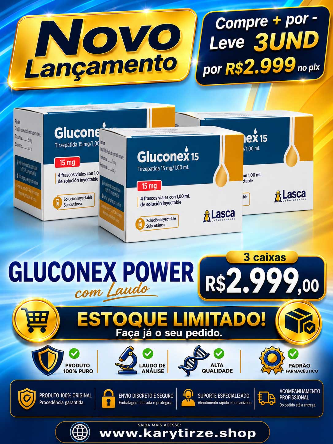 Combo 3x1 Gluconex Tirzepatida Solucao Injetavel (Importada) GLP2 Peptide Lasca 4Vial