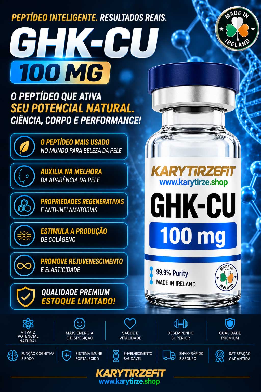 GHK-CU 100mg Peptídeo para Tratamento da Pele Elasticidade Colageno Rejuvenescimento Vanguard