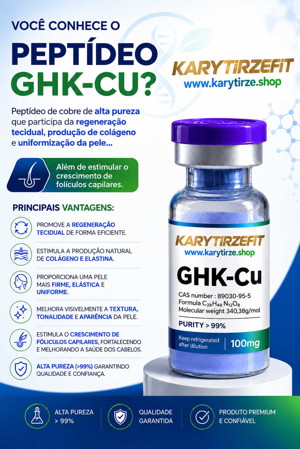 GHK-CU 100mg Peptídeo para Tratamento da Pele Elasticidade Colageno Rejuvenescimento GHP