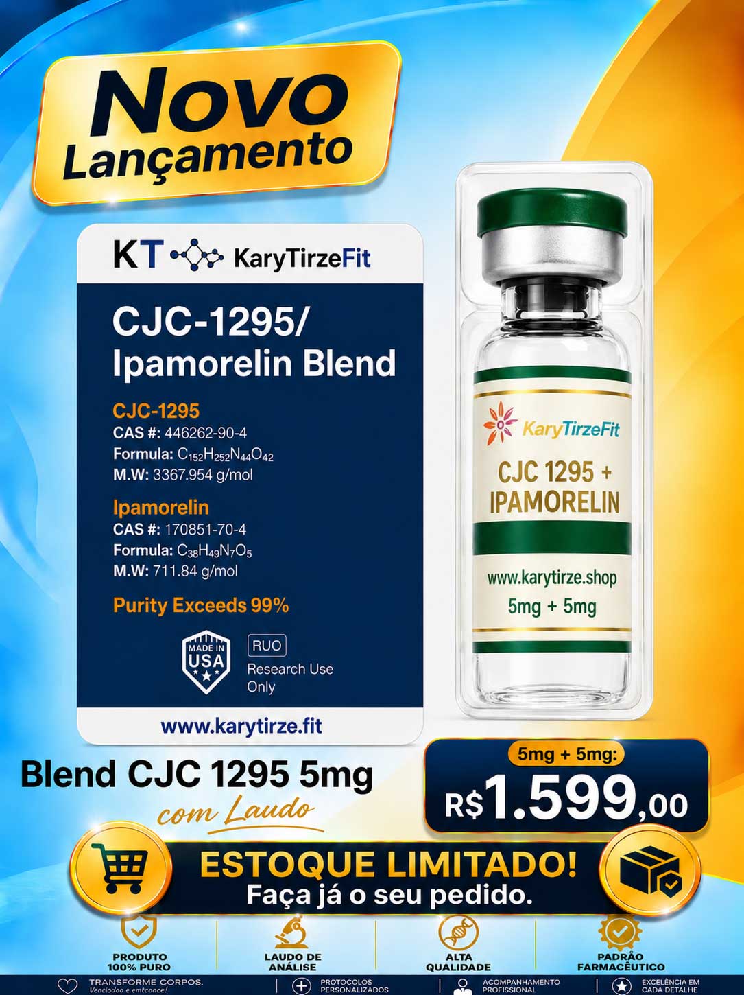 Peptideo CJC-1295 + Ipamorelin Massa Muscular Recuperação Redução de Gordura 10mg ZEPT
