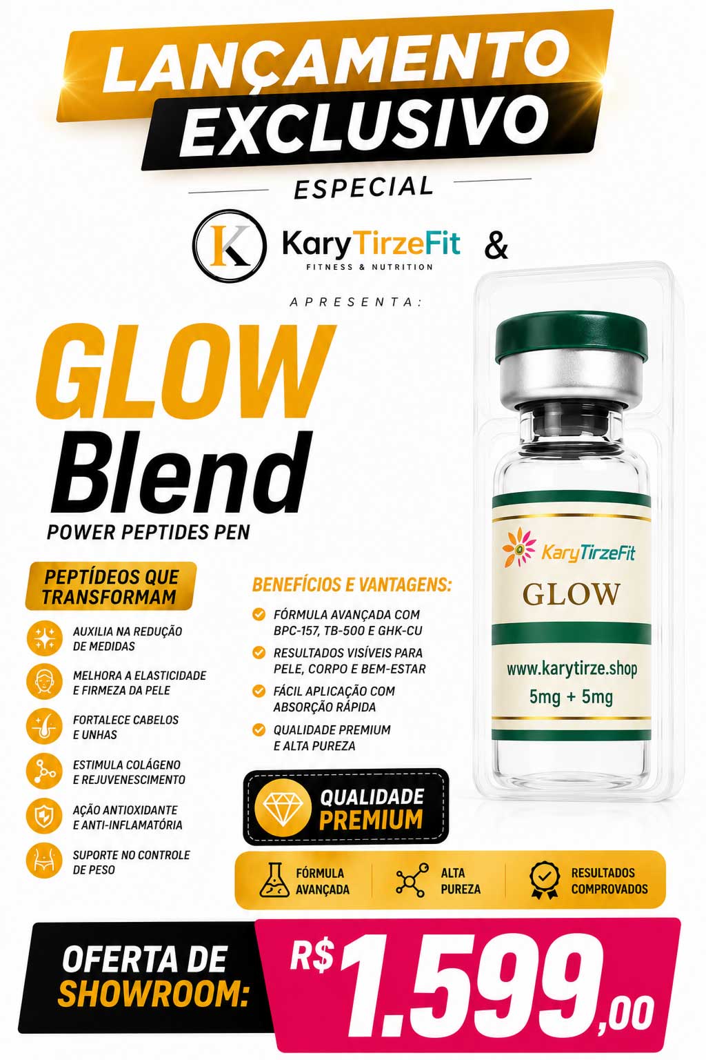 Glow GHK-CU 10/10/50MG com BPC-157, 5mg TB-500 Vial 70mg ZPT