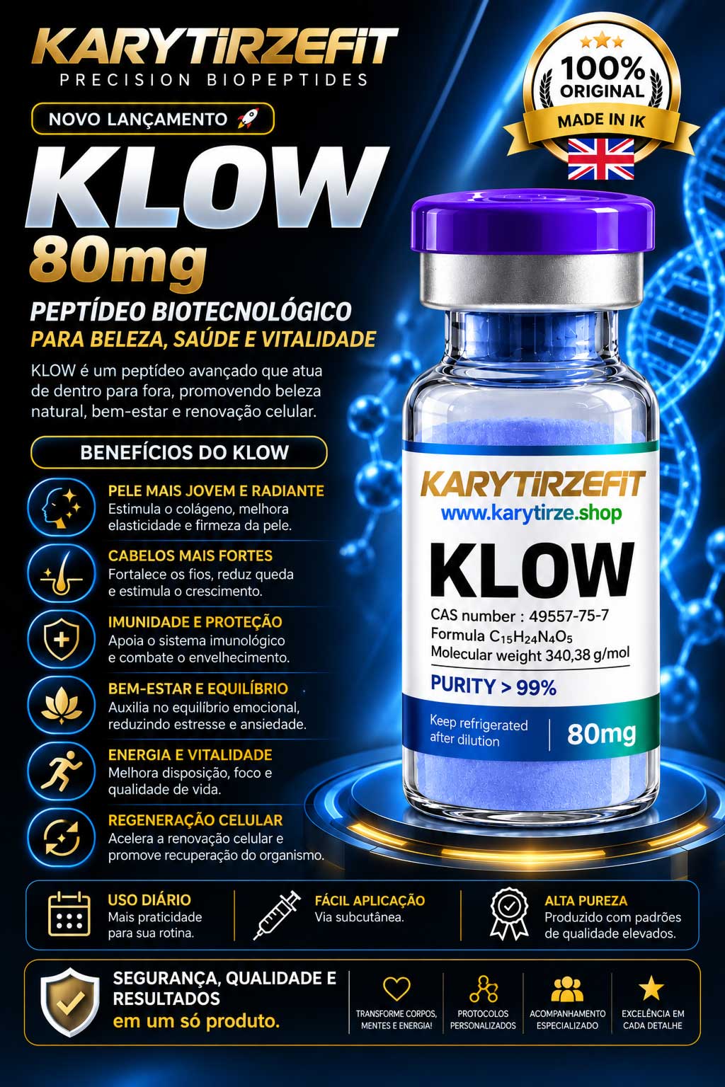 Peptideo KLOW 80mg Blend Metabolismo e Energia Cooper Rejuvenescimento e Reparação GHP