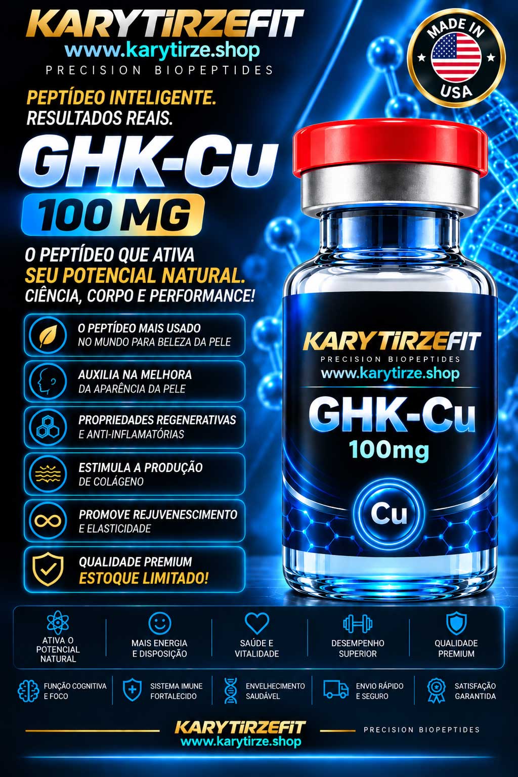 GHK-CU 100mg Peptídeo para Tratamento da Pele Elasticidade Colageno Rejuvenescimento Dallas