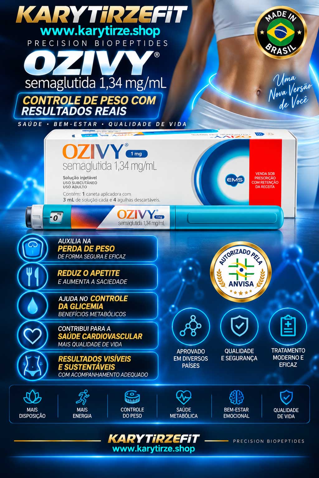 Ozivy Semaglutida GLP1 (Semaglutide) Peptídeo para Emagrecimento EMS