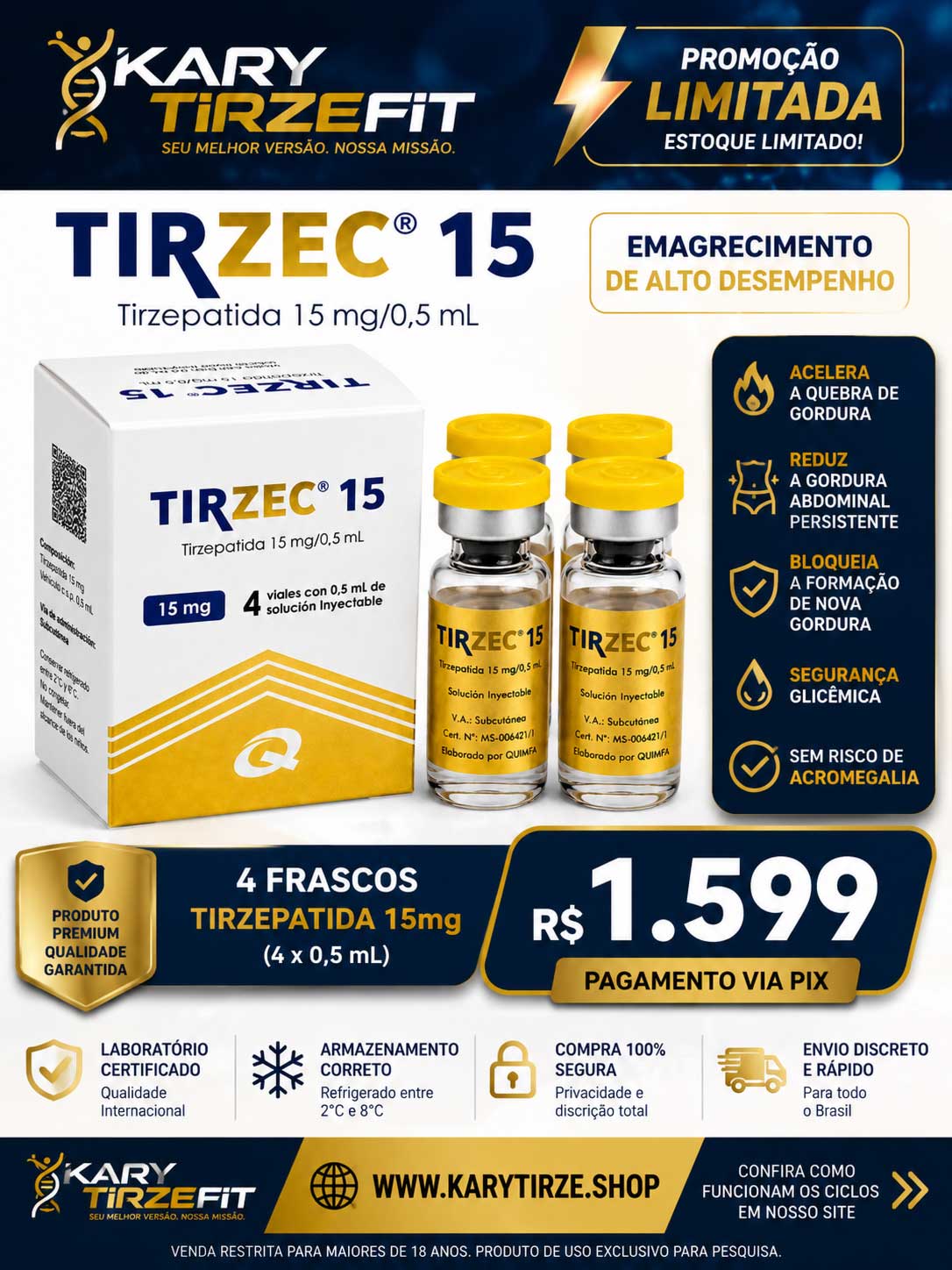 Tirzec Tirzepatida Quinfa 15mg Solucao Injetavel MD (Importada) GLP2 Ampola Gold