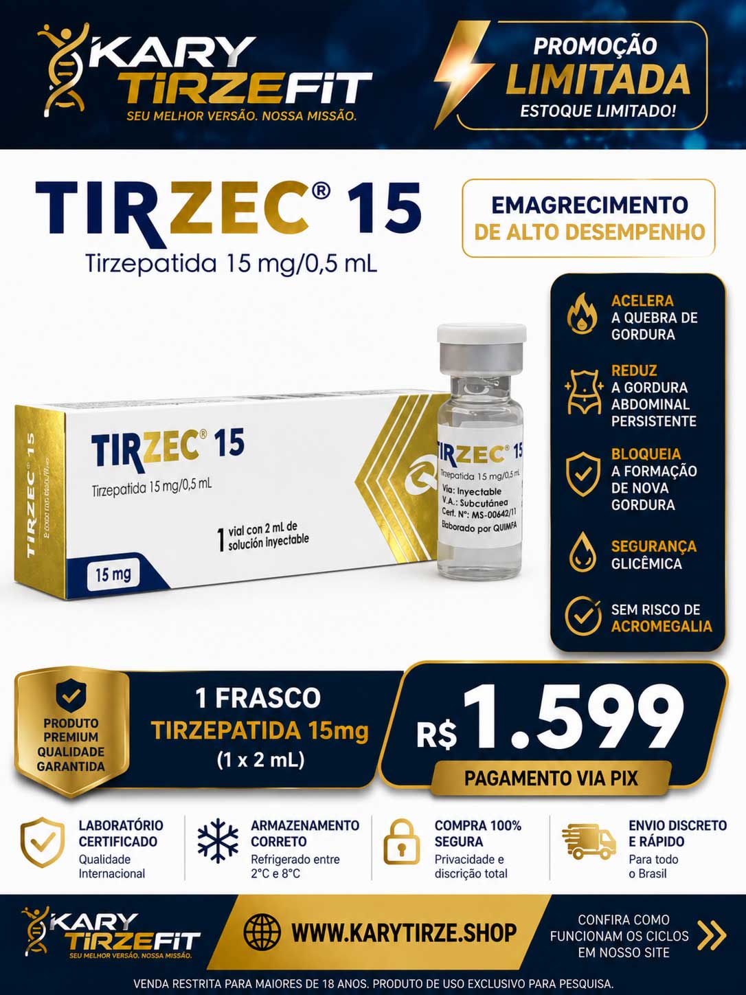Tirzec Tirzepatida Quinfa 15mg Solucao Injetavel MD (Importada) GLP2 Ampola Vial