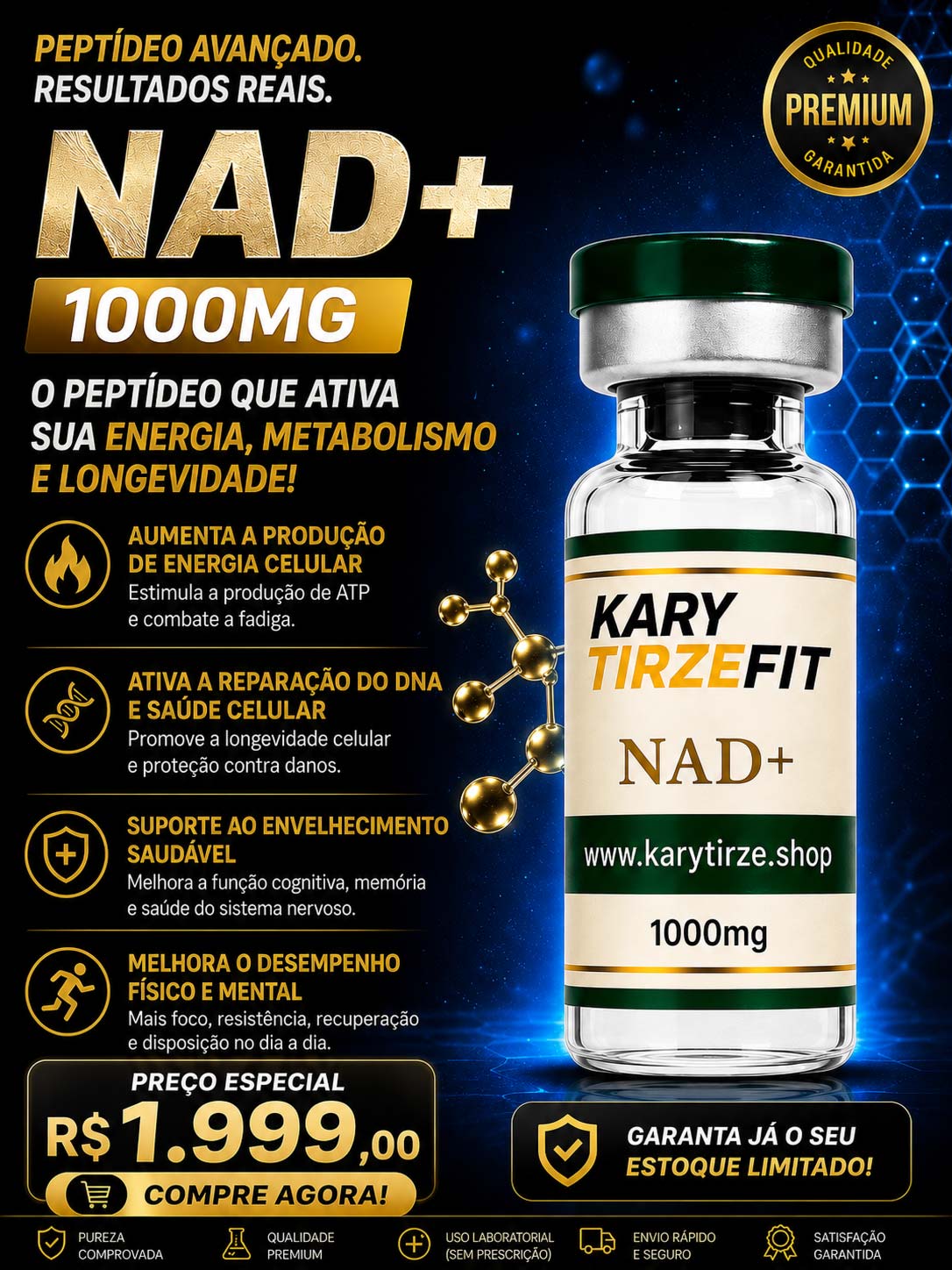 NAD+ 1000mg Solucao Injetavel (Importado) Energia e Metabolismo ZPTA