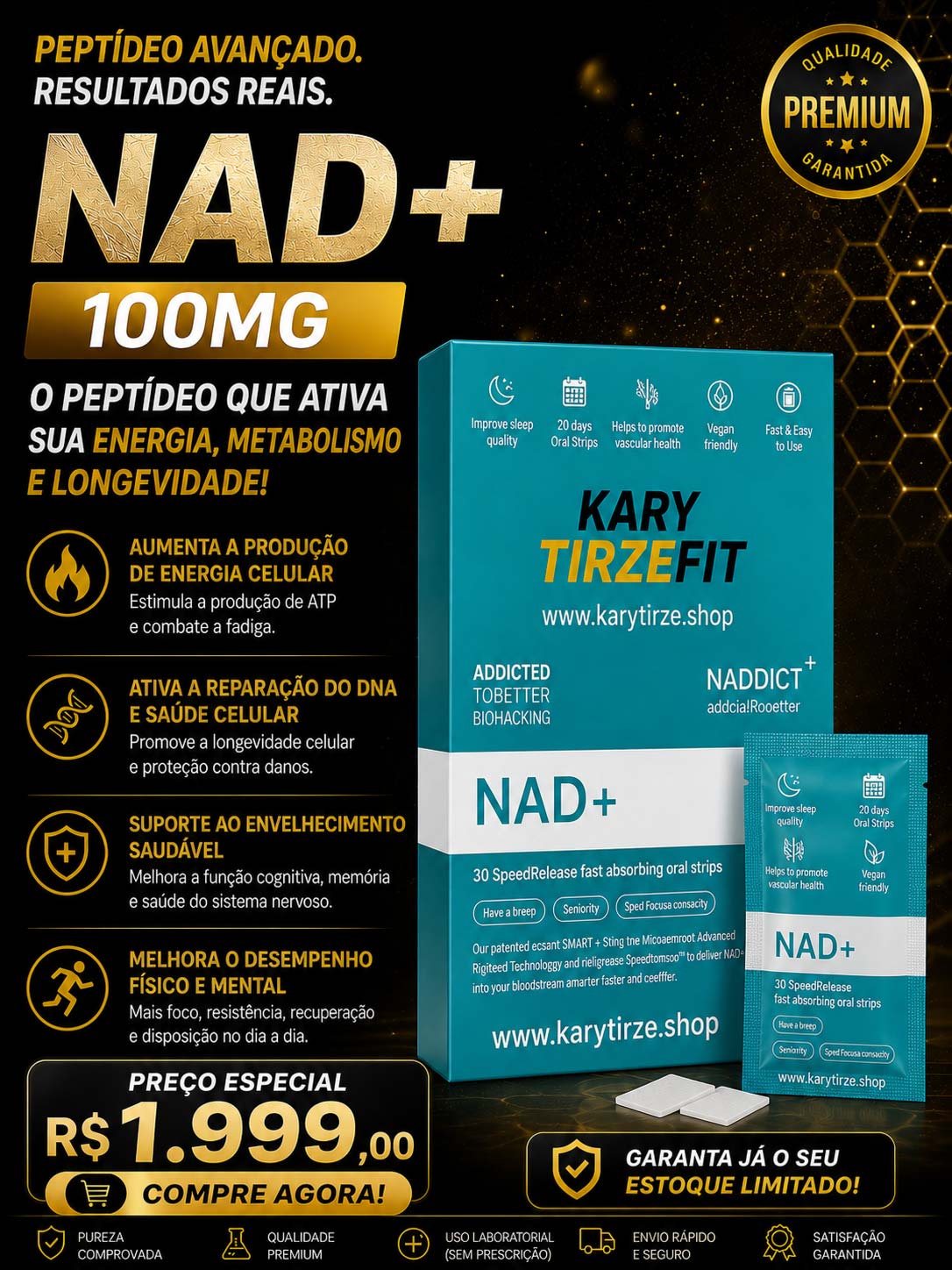 NAD+ 100mg Oral Sublingual Importado Energia e Metabolismo 30 Saches