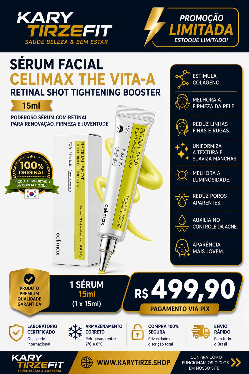 Serum Facial Koreano Celimax Retinal Vitamina A Concentrado 15ml Booster
