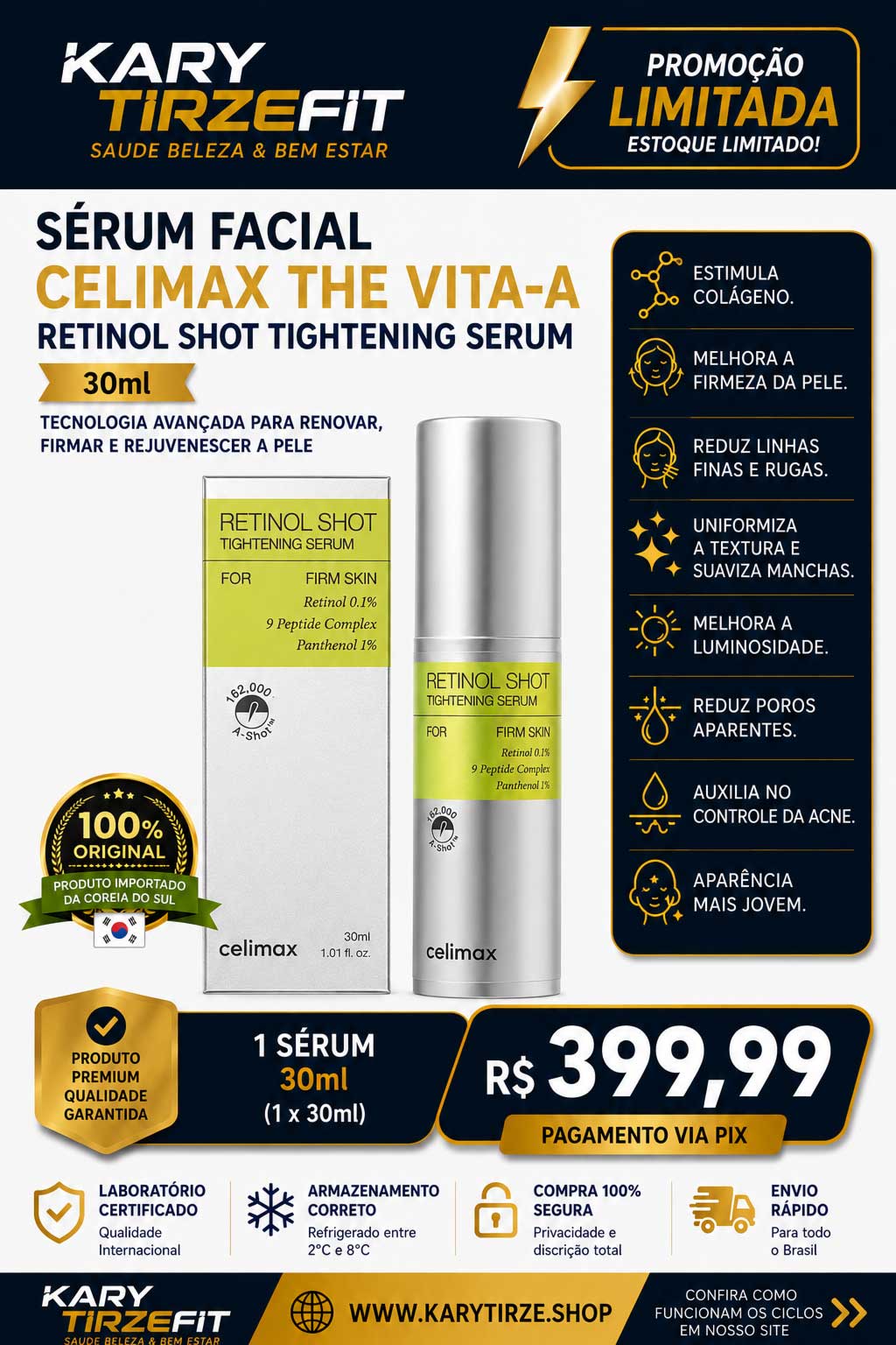 Serum Firmador Skincare Facial Koreano Celimax Retinal Vitamina A Concentrado 30ml  Retinol Shot Tightening Serum