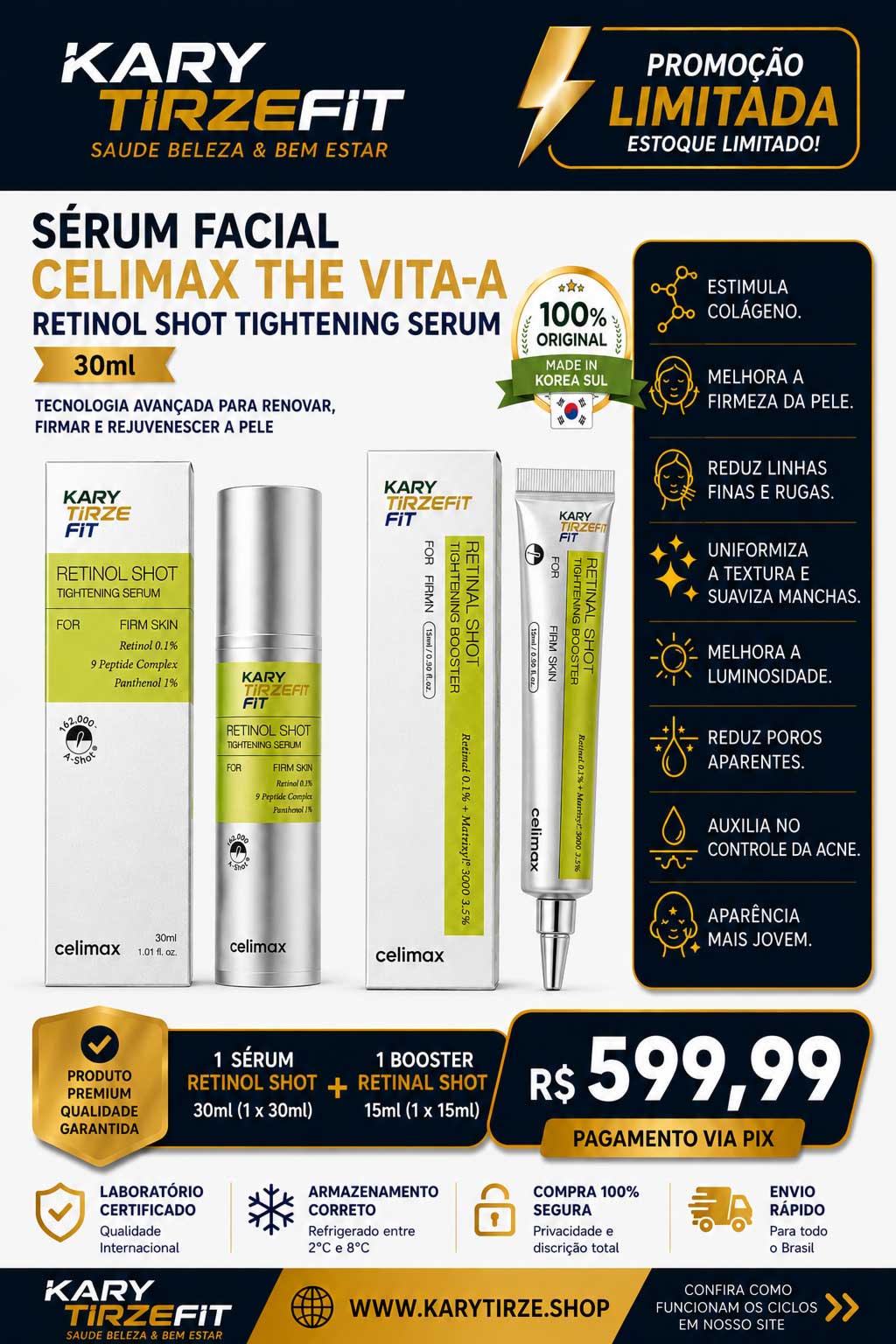 Serum Facial Koreano Celimax Retinal Vitamina A Concentrado 15ml Booster