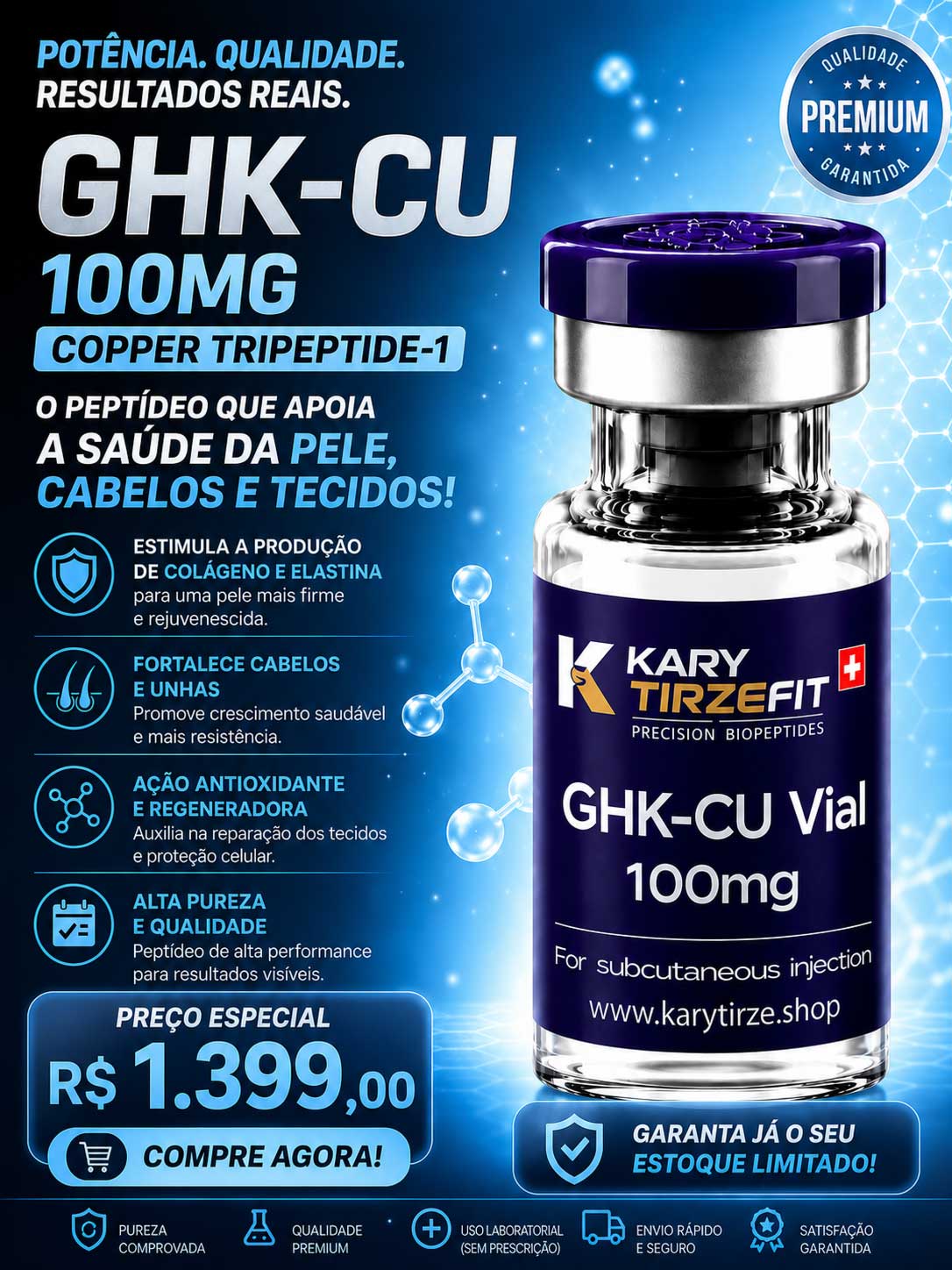 GHK-CU Tratamento da Pele Elasticidade Colageno e Rejuvenescimento Ipeptide 100mg