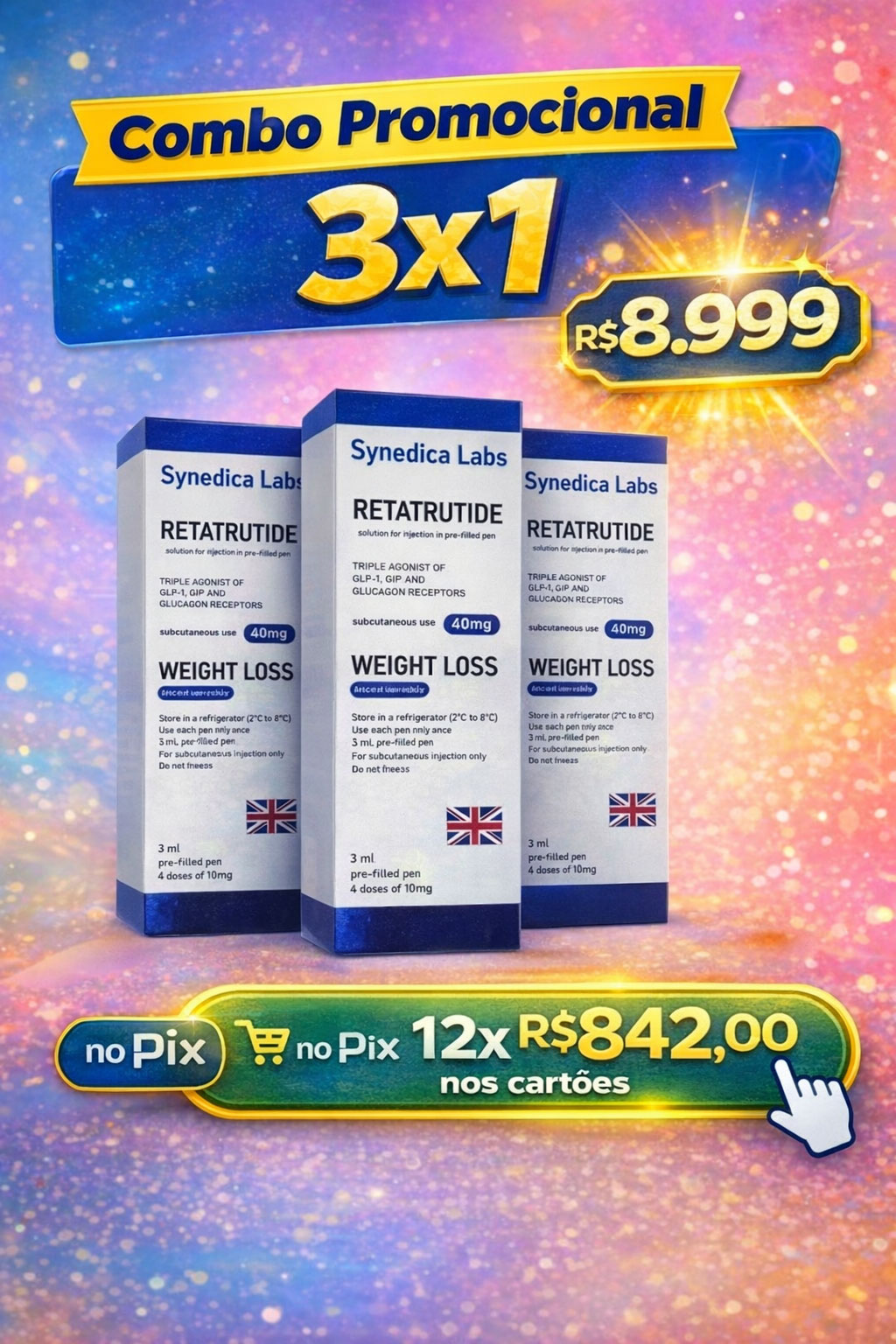 Combo Synedica Retatrutide 40mg Solucao Injetavel 4 doses (Importada Retratutida) - Caixa AZUL