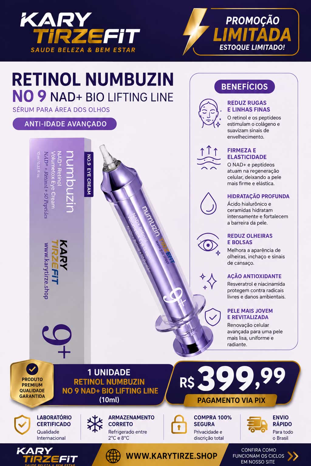 Creme Facial Iluminador SkinCare Koreano para Olheiras e Rugas 10ml com Retinol Numbuzin