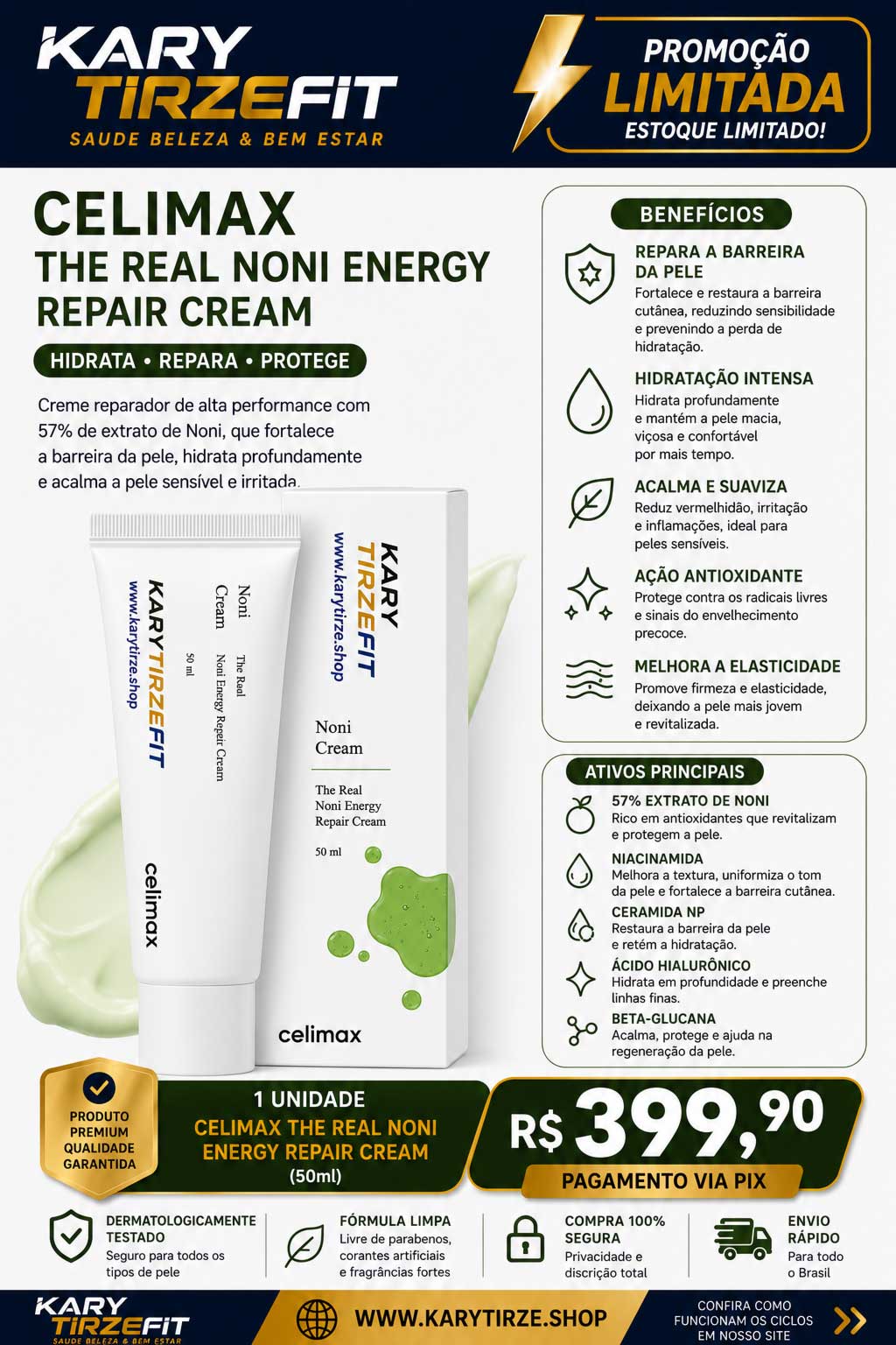 Creme Hidratante Celimax Reparador de Linhas Finas Antioxidante 50ml com 10 ativos