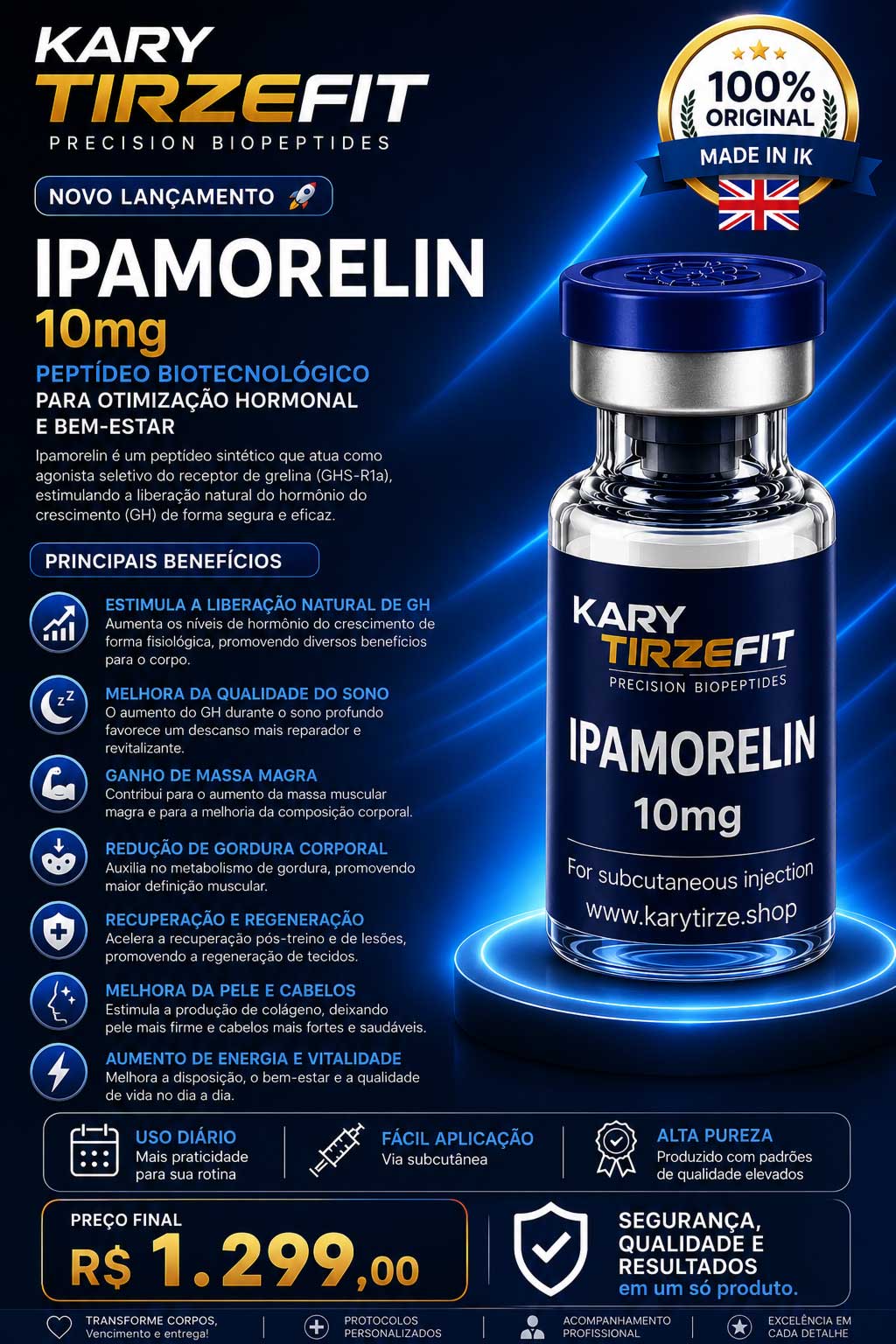 Peptideo Ipamorelin (Egrifta) Massa Muscular Recuperação Redução de Gordura 10mg Ipeptides