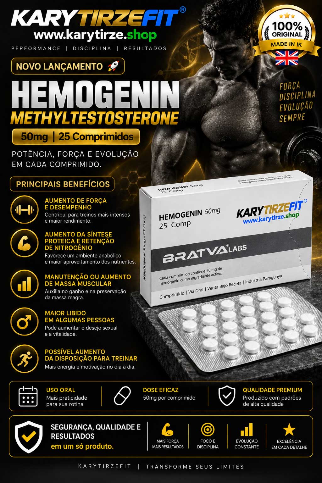 Hemogenin Oral 50mg (Metiltestosterona) Aumento Força e Massa Muscular 25 caps - Bratva