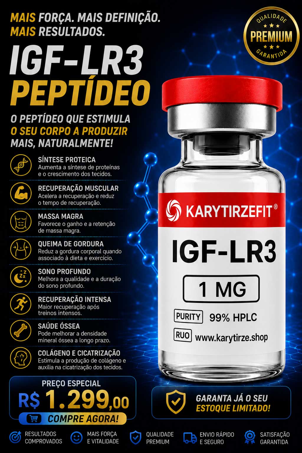 Peptideo IGF-LR3 1000mcg Hipertrofia Emagrecimento e Recuperação Muscular
