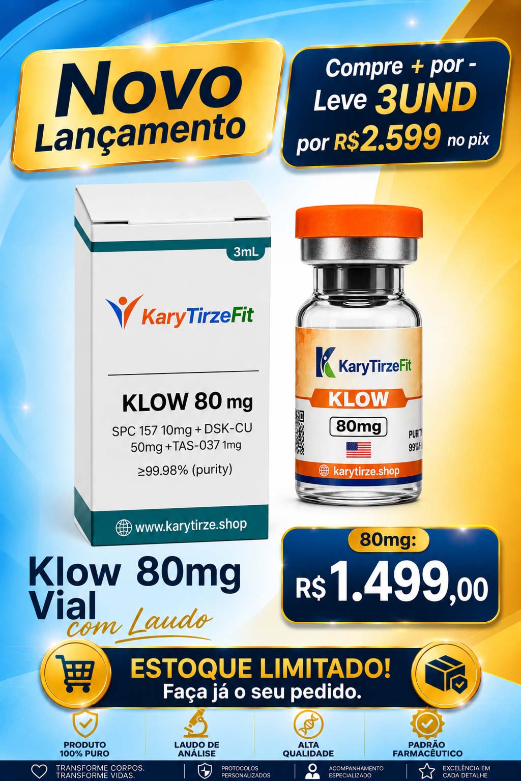 Peptideo KLOW 80mg Blend Metabolismo e Energia Rejuvenescimento e Reparação Edge Vital