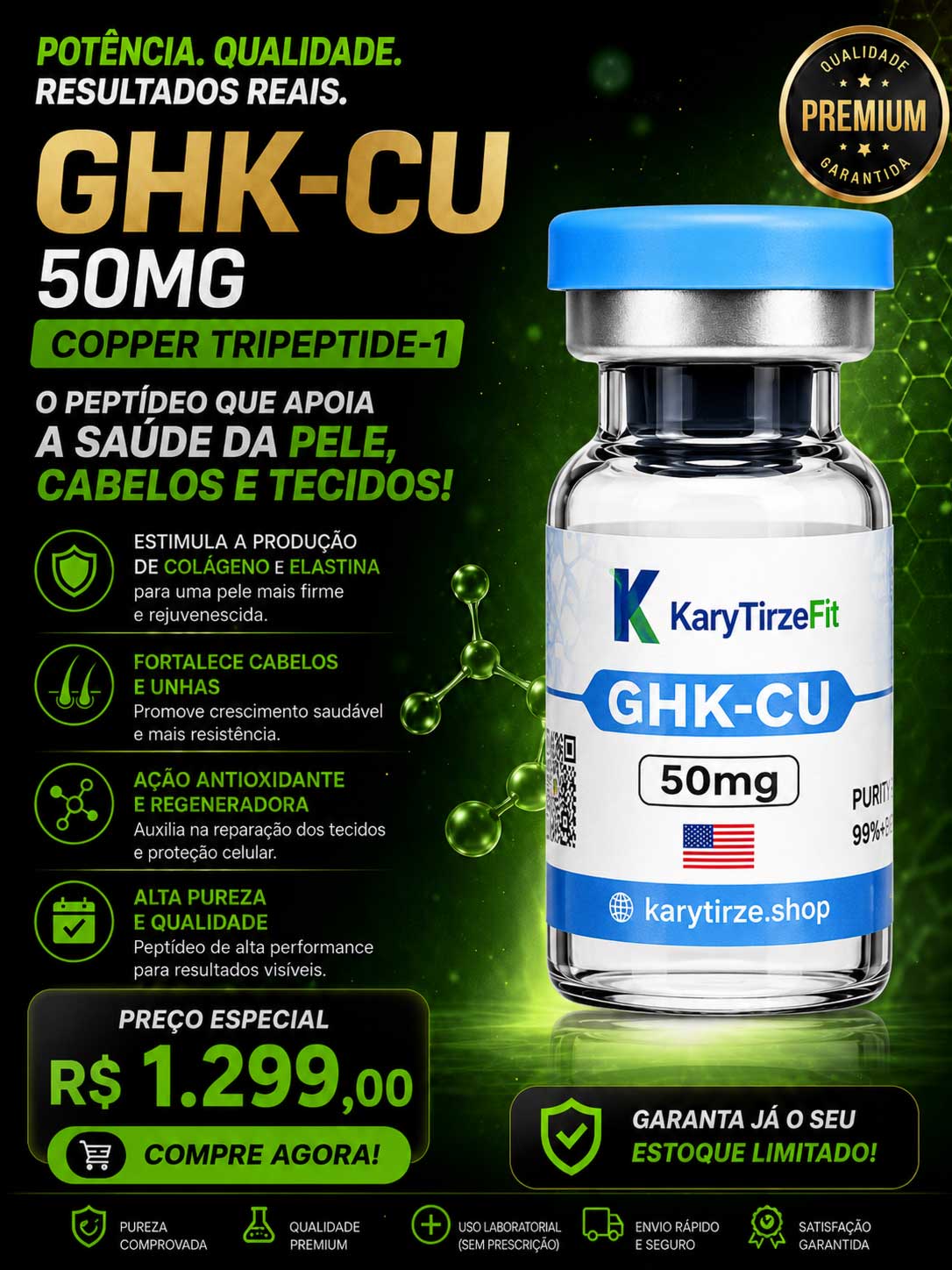GHK-CU 50mg Peptídeo Tratamento da Pele Elasticidade Colageno Rejuvenescimento Edge