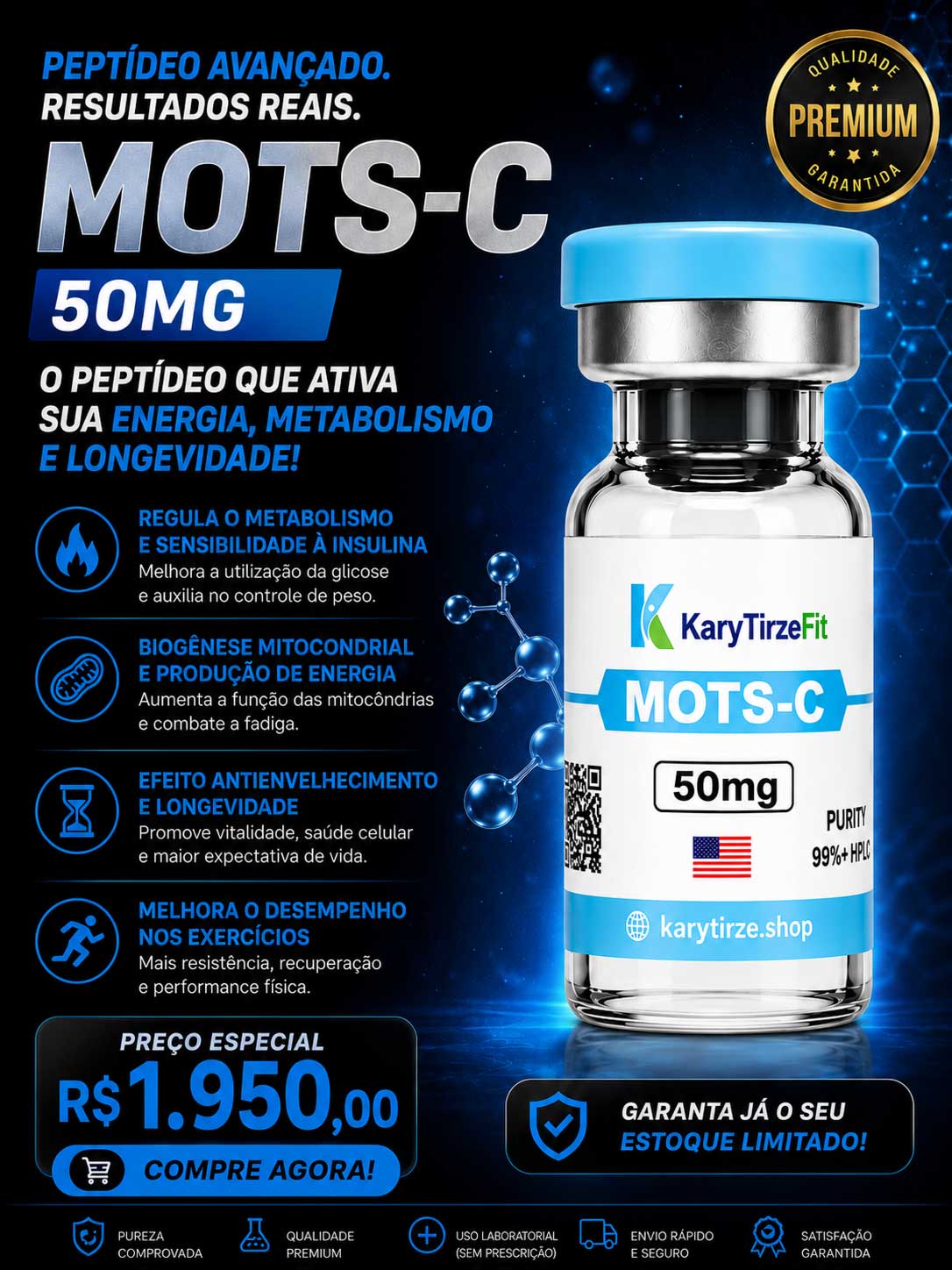 Peptideo MOTS-C Metabolismo e Energia Edge Vital 50mg Vial