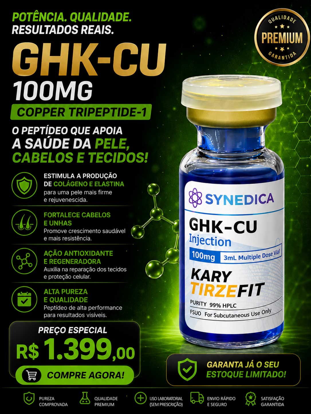 GHK-CU 100mg Peptídeo Tratamento da Pele Elasticidade Colageno Rejuvenescimento Synedica