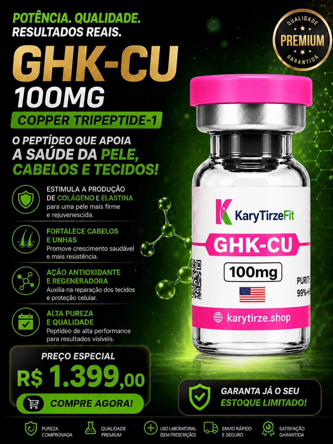 GHK-CU 100mg Peptídeo Tratamento da Pele Elasticidade Colageno Rejuvenescimento Edge