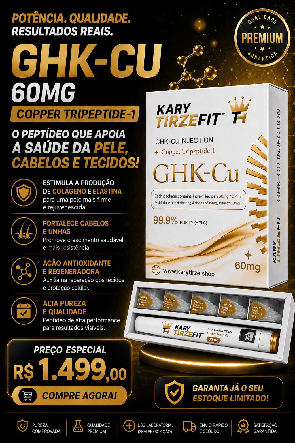 GHK-CU 60mgTratamento da Pele Elasticidade Colageno e Rejuvenescimento Liberty Pen