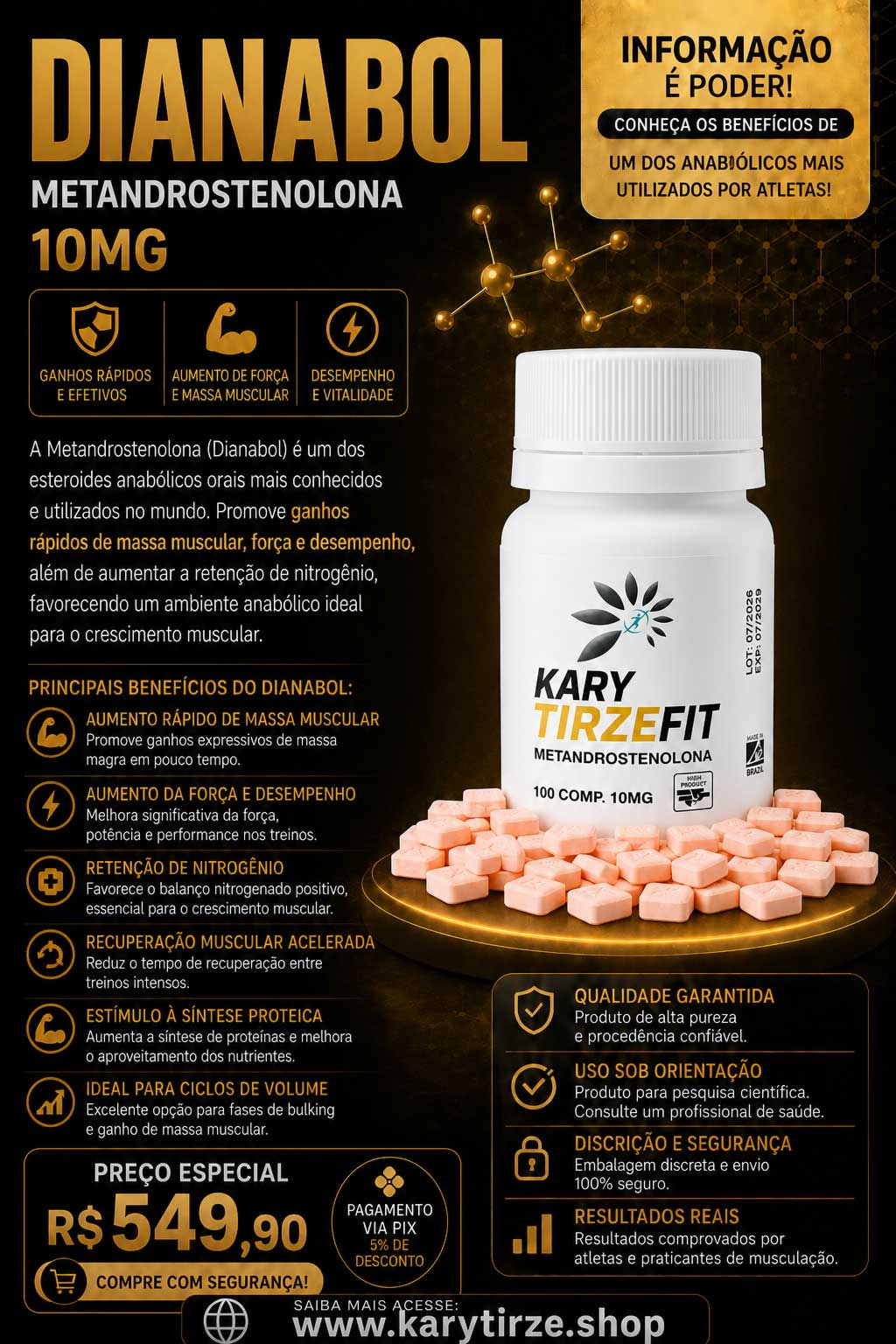 Dianabol Metandrostenolona 10mg Ganho de Força e Massa Muscular 100 CAPS King