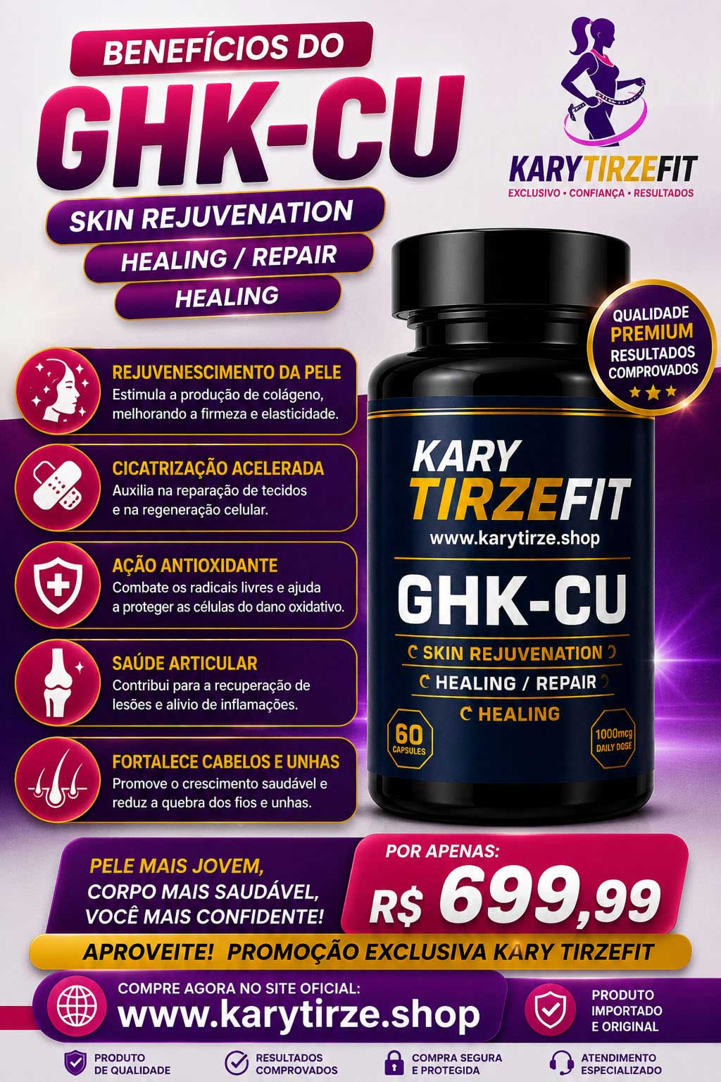 GHK-CU Tratamento da Pele Elasticidade Colageno e Rejuvenescimento Dragon 60 Caps