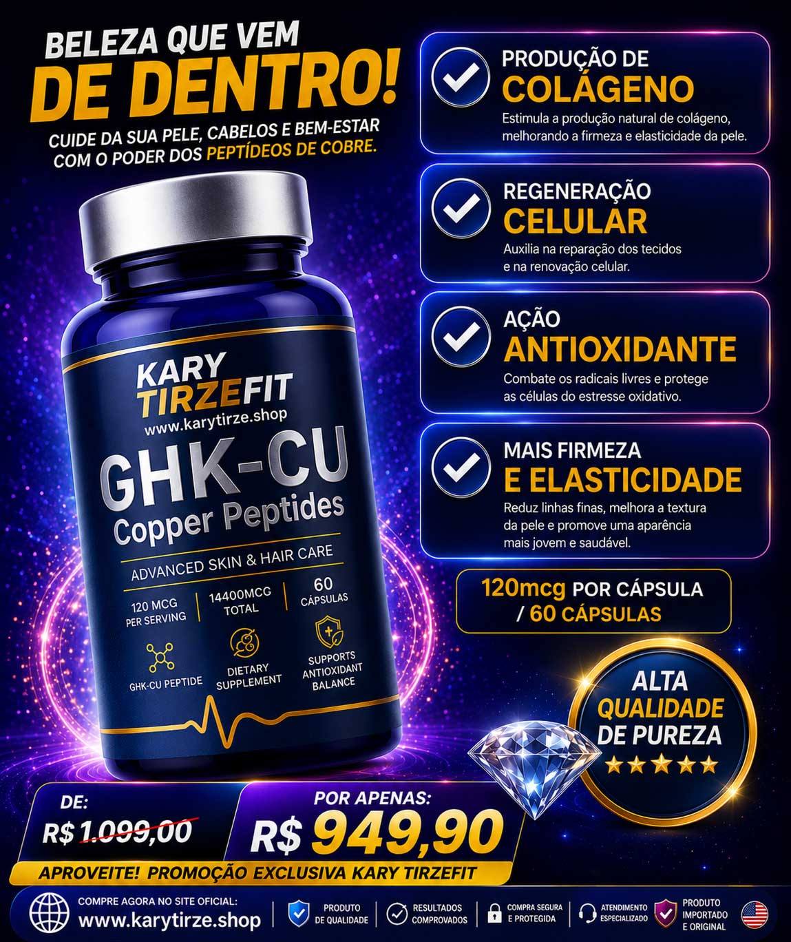 GHK-CU Tratamento da Pele Elasticidade Colageno e Rejuvenescimento Herb 120 Caps