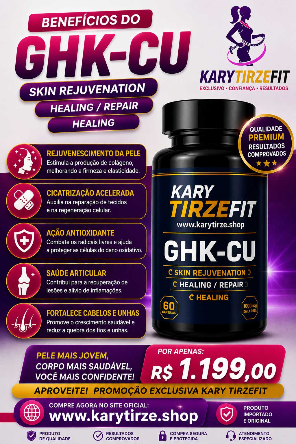 GHK-CU Tratamento da Pele Elasticidade Colageno e Rejuvenescimento Dragon Elite 60 Caps 2000MCG