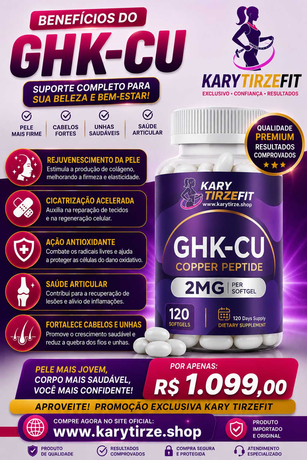 GHK-CU Tratamento da Pele Elasticidade Colageno e Rejuvenescimento 120 Caps Softgel Trawecual Liposomal