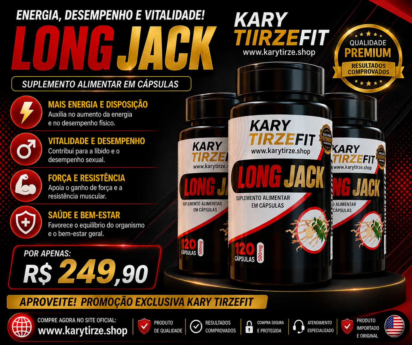 Testosterone Long Jack 500mg Aumento da Libido 120 Capsulas Essencia Verde