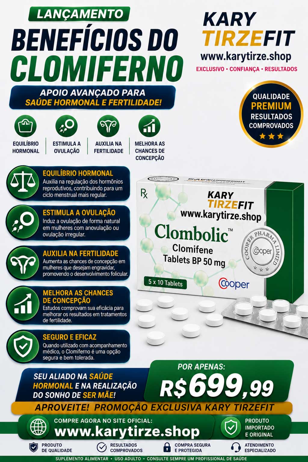 Testosterone Citrato de Clomifeno 50mg Libido Masculina 50 Capsulas Clombolic Clomid