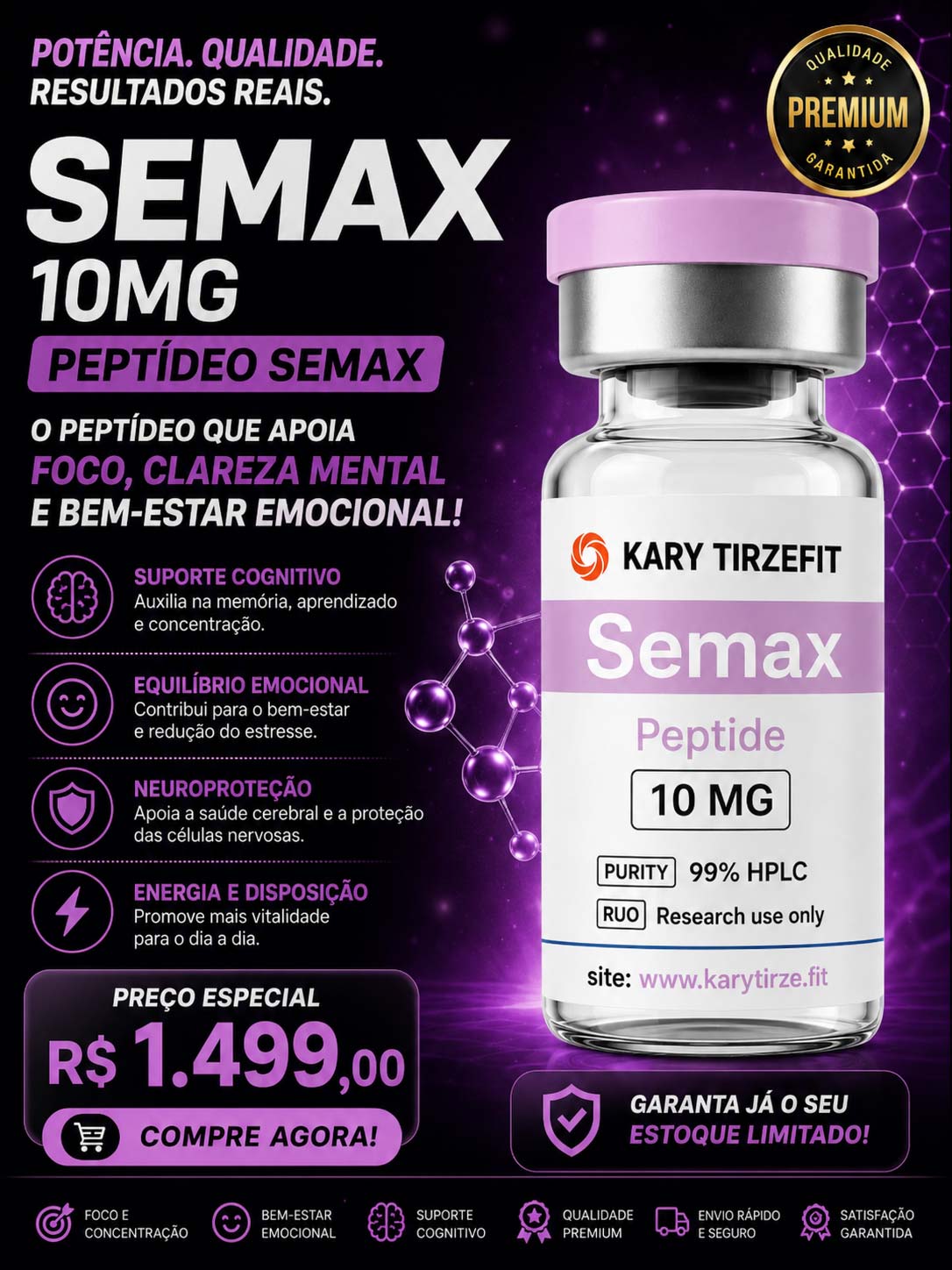 Peptideo SEMAX 10mg Memoria Foco Concentração e Neuroproteção XLPep