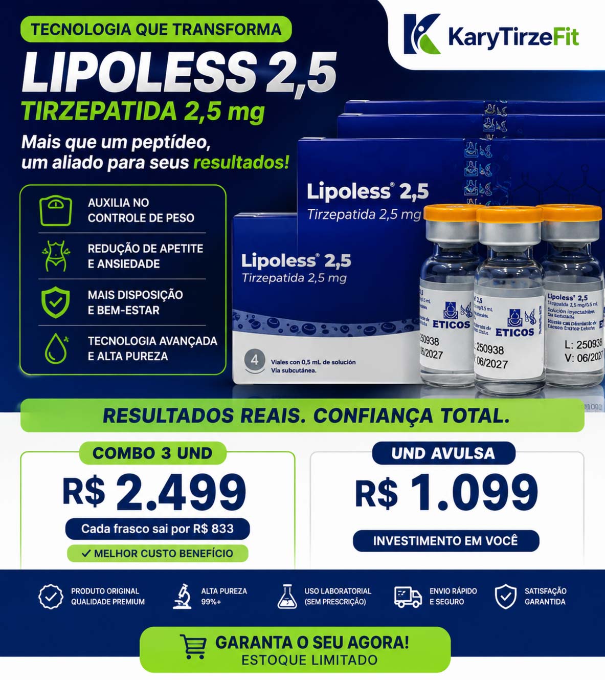 Combo 3x Lipoless Tirzepatida 2.5mg Solucao Injetavel Eticos (Importado Analogo Mounjaro) GLP2