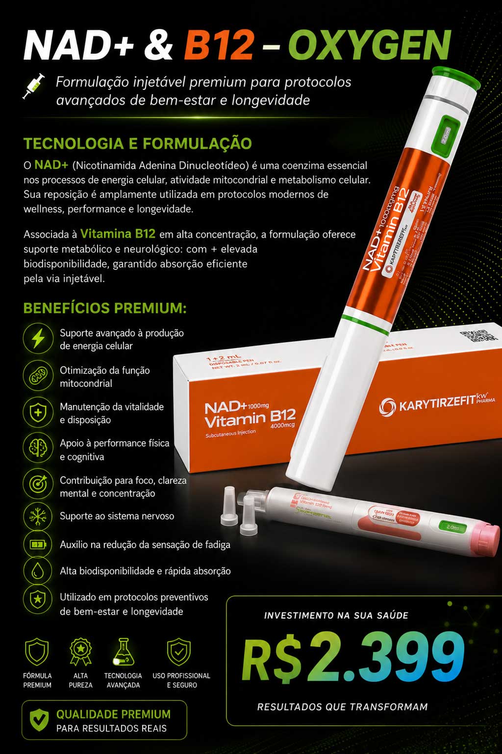 NAD+ B12 Solucao Injetavel (Importado) Energia e Metabolismo Caneta Oxygen