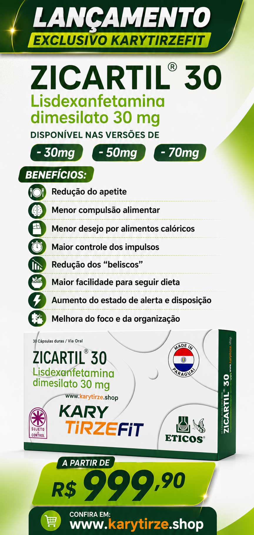 Eticos Zicartil Dimesilato de Lisdexanfetamina (Analogo Venvance Juvene) Inibidor de Compulsão Alimentar