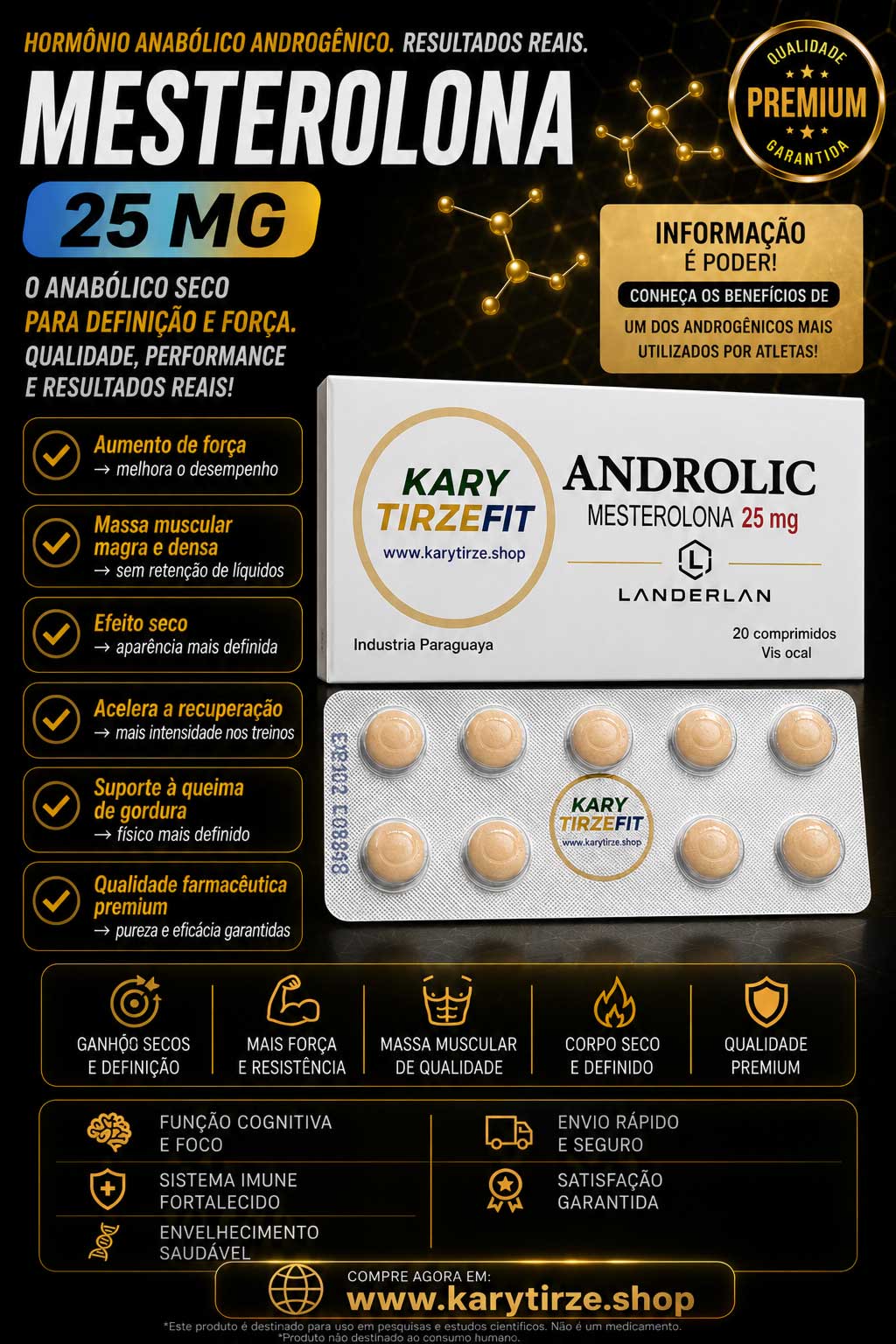 Mesterolona (Mesterolone Proviron) 25mg Reposição Testosterona Androlic Lander 25caps