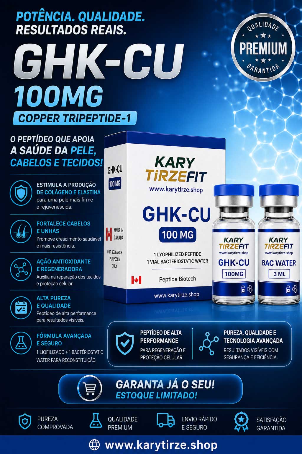 GHK-CU 100mg Peptídeo para Tratamento da Pele Elasticidade Colageno Rejuvenescimento BioGenesis