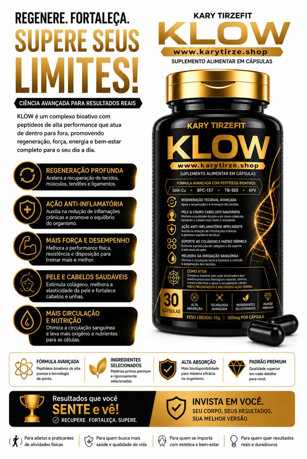 Peptideo KLOW Blend Metabolismo e Energia Rejuvenescimento e Reparação 30 Caps BioTech