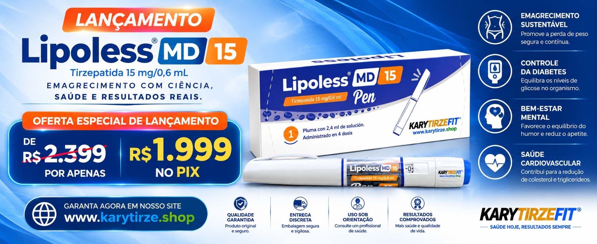 Lipoless Tirzepatida 15mg Solucao Injetavel Eticos (Analogo Mounjaro) Caneta Multidose Pen Click